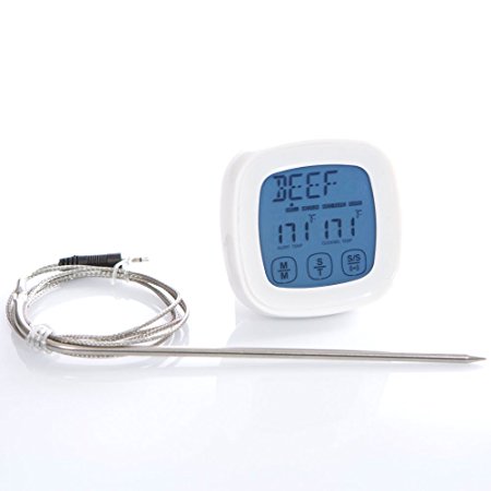 Aoonar®Home Cook Oven & BBQ Touchscreen Digital Meat Cooking Thermometer with Stainless Steel Probe for Cooking meats to perfection. With Built In Countdown Timer (White)