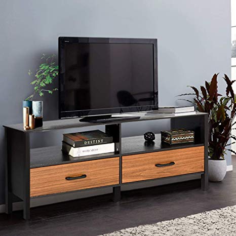 Aingoo Black TV Stand 48in Entertainment Center 2 Drawers Storage for Living Room Black Brown Wooden Television Entertainment Center Armoire Holds up to 55" TV