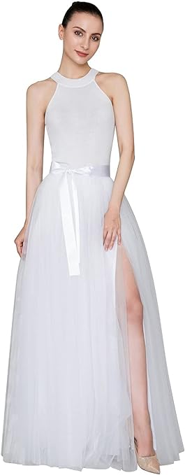 EllieHouse Long Floor Length Wedding Evening Party Prom Tulle Skirt with Slit