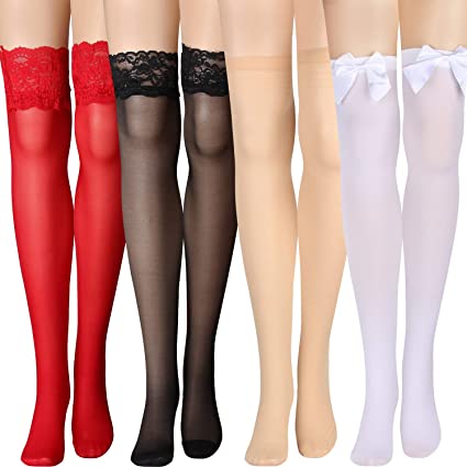 Silk Thigh High Stocking for Women Lace Silicone Socks Satin Bow Top Stocking