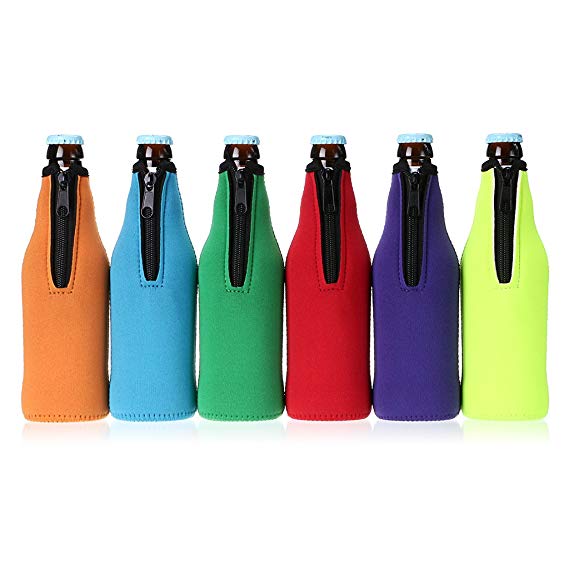 Hipiwe Beer Bottle Cooler Sleeves with Zipper Set of 6 Collapsible Neoprene Insulators Party Drink Coolies