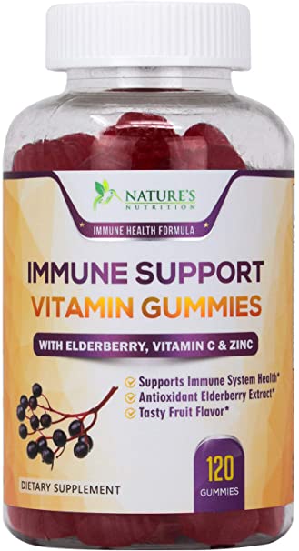 Immune Support Gummies with Elderberry, Vitamin C & Zinc, Natural Pectin Based Gummy, Adult Immune System Supplement - Tasty Natural Fruit Flavor - 120 Gummies