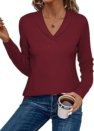 Zeagoo Sweaters for Women Fashion 2024 Fall Long Sleeve Shirts V Neck Collared Knit Pullover Tops Outfits