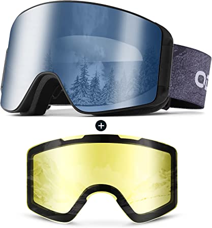 Odoland Ski Goggles with Detachable Lens, Frameless Interchangeable Lens Anti-Fog 100% UV Protection Snowboard Snow Goggles