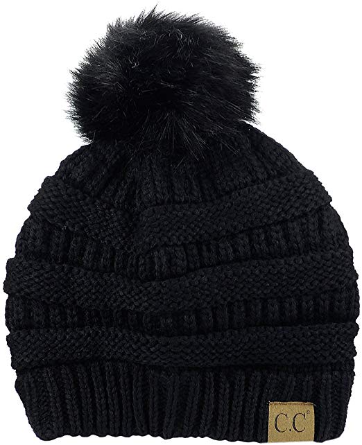 NYFASHION101 Exclusive Soft Stretch Cable Knit Faux Fur Pom Pom Beanie Hat