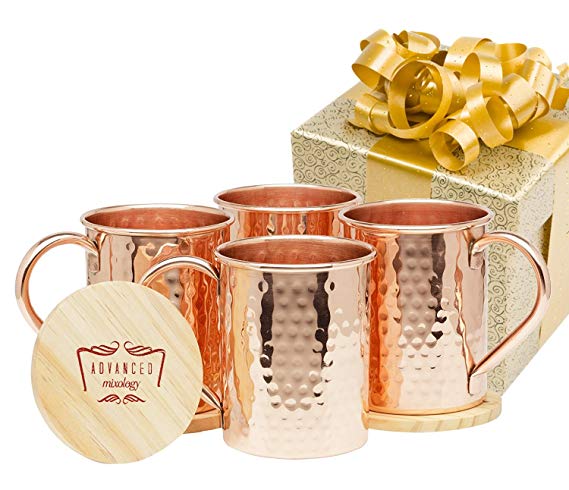 Advanced Mixology Moscow Mule 100% Pure Copper Mugs (Set of 4)- 16 Ounce with 2 Artisan Hand Crafted Wooden Coasters-Classic (Classic)