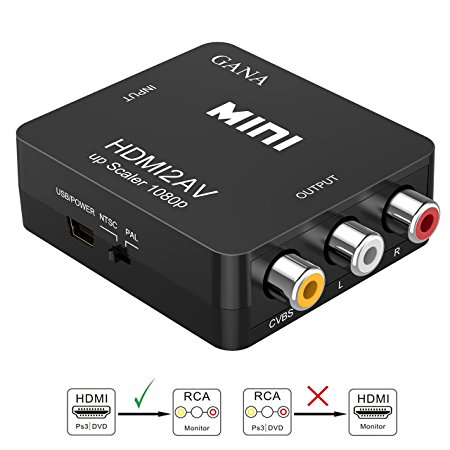HDMI to RCA, GANA 1080P HDMI to AV 3RCA CVBs Composite Video Audio Converter Adapter Supporting PAL/NTSC with USB Charge Cable