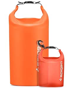 Spigen Polyester Aqua Shield Waterproof Dry Bag Set Travel Accessories, Rucksack With Adjustable Straps For Beach Swimming, Fishing, Camping, Canoeing, Hiking, Kayaking, etc (20L 2L) Sunset Orange