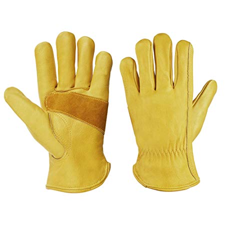 ccbetter Leather Work Gloves Flex Wear Resistant Glove with Stretchable Cowhide, Leather Gardening Gloves with Tough Grip (XL, Elastic Wrist)