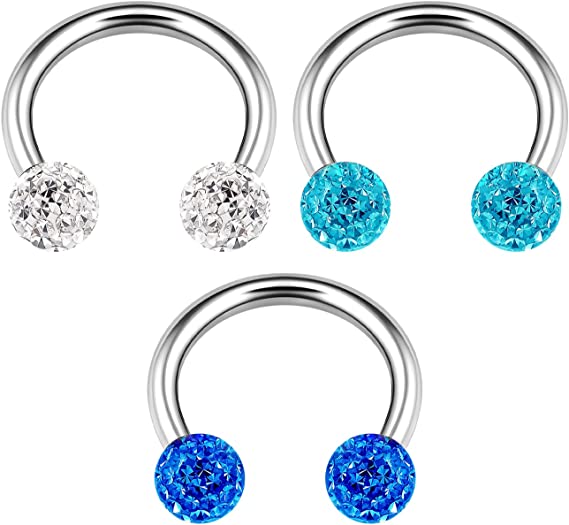3PCS Stainless Steel Horseshoe Ring 16 Gauge 3mm Crystal Ball Snake Bite Rook Earrings Septum Piercing Jewelry See More Sizes