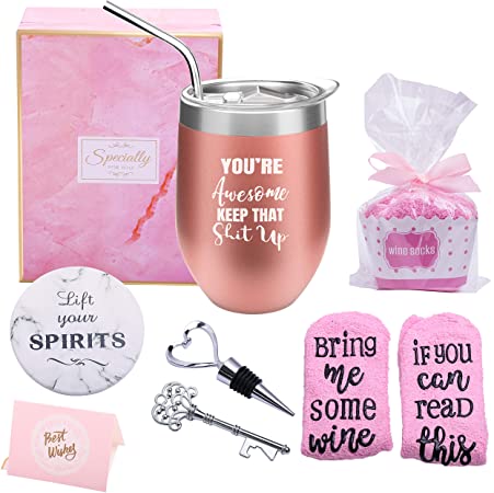 Yorktend You're Awesome Keep That Up - Thank You Gifts New Job Congratulation Graduation Inspirational,Birthday Gifts for Women Friends, Coworkers - 12oz Wine Tumbler with Lid,Straw,Coaster