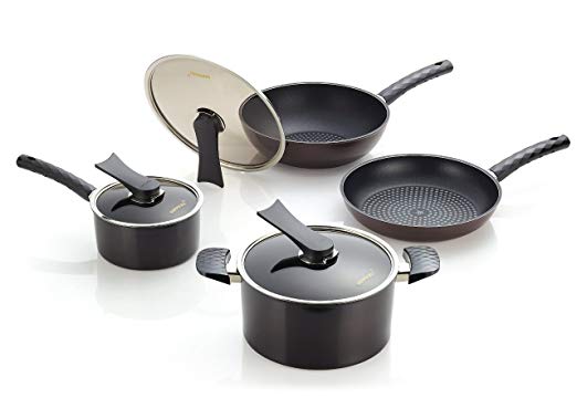 Happycall Everyday Cookware Set, 7 Pieces, Nonstick Pans and Pots, PFOA-Free, Dark Brown