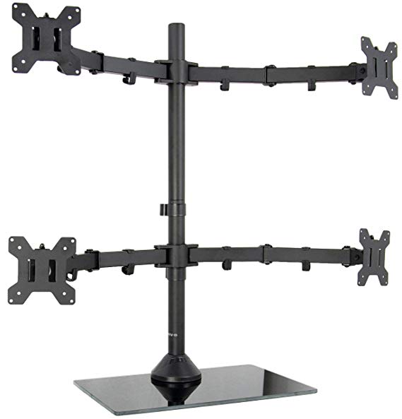 VIVO Black Adjustable Quad Monitor Desk Stand Mount Free Standing Heavy Duty Glass Base | Holds Four (4) Screens up to 27" (STAND-V004FG)