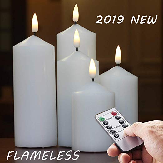 Set of 5 White Flameless LED Candles with Remote, Wax Battery LED Pillar Candles