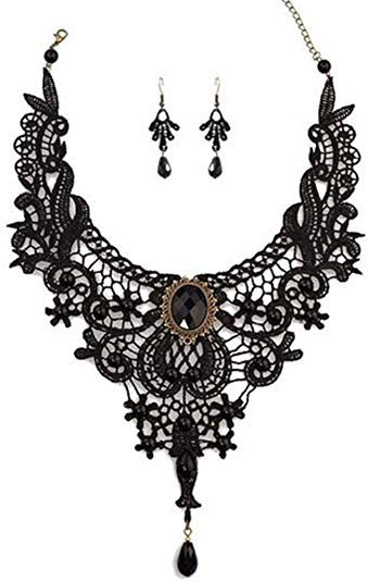MEiySH Black Lace Gothic Lolita Pendant Choker Necklace Earrings Set