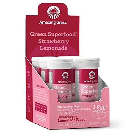 Amazing Grass, Green Superfood Effervescent Electrolytes, Flavor: Strawberry Lemonade, 60ct Tablets, Alkalizing Greens, Hydration with Potassium, Magnesium, and Calcium