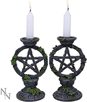Nemesis Now Wiccan Pentagram Candlesticks Set of Two Candle Holder 15cm Black, Resin