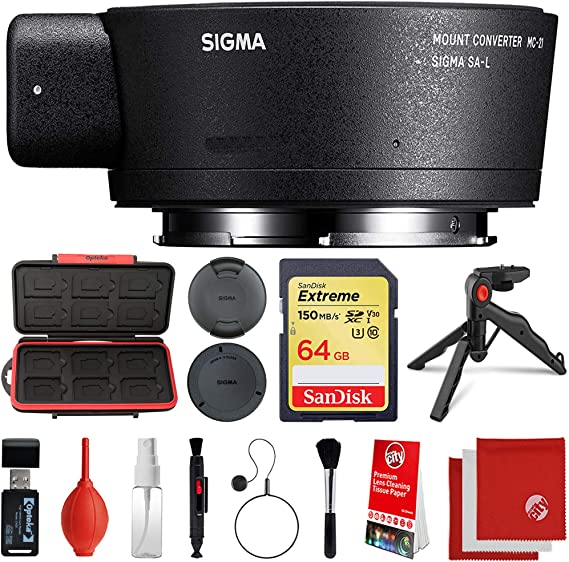 Sigma MC-21 Mount Converter/Lens Adapter Canon EF-Mount to Leica L-Mount Bundle with 64GB Extreme Memory Card, Card Reader, Memory Card Case, Tabletop Tripod, Microfiber Cloths