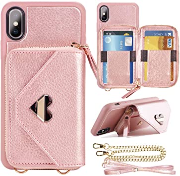 iPhone Xs Wallet Case, iPhone X Crossbody Case with Zipper Card Slot Holder Wrist Strap Shoulder Chain Protective Cover for iPhone X/Xs 5.8 inch - Rose Gold