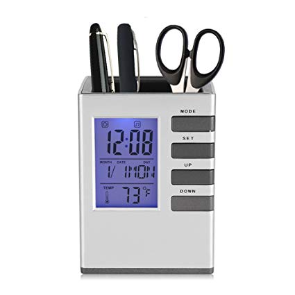 Fdit Multifunctional LED Desk Clock, Digital LCD Screen Alarm Clock Pen Holder Temperature Display for Home Office