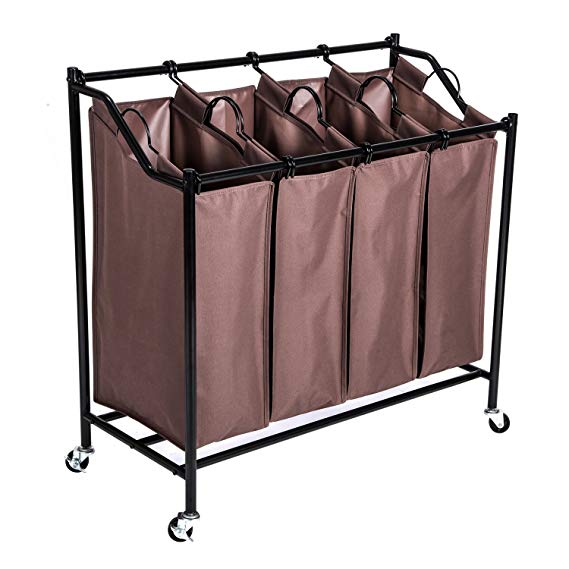 MaidMAX 4 Bags Rolling Laundry Sorter Storage Cart with 4 Wheels, 2 Lockable, Brown