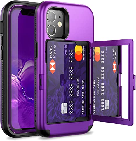 WeLoveCase for iPhone 12 Mini Wallet Case with Credit Card Holder & Hidden Mirror, Defender Three Layer Shockproof Heavy Duty Protection Cover Protective Case for iPhone 12 Mini - 5.4inch Purple