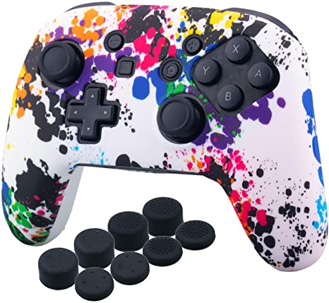 YoRHa Studded Silicone Transfer Print Cover Skin Case ONLY for Nitendo Official Switch Pro Controller x 1(Graffiti) with Pro Thumb Grips x 8