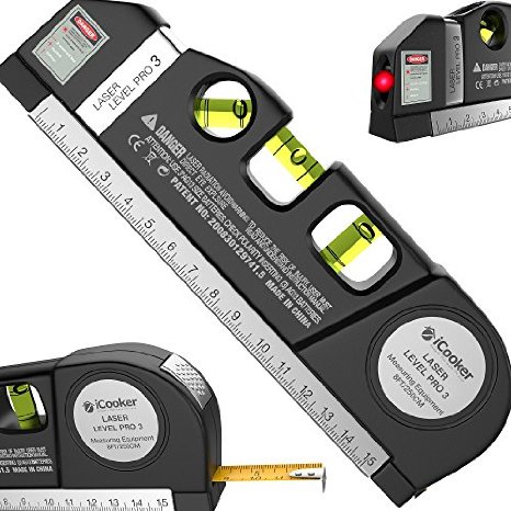 iCooker Laser Level [FREE Batteries Included] with 8 Ft Measuring Tape Ruler - Best Professional Craftsman Self Leveling Laser leveler For Multipurpose [Black]
