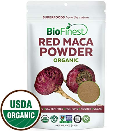 Biofinest Red Maca Root Powder -100% Pure Freeze-Dried Antioxidant Superfood - USDA Certified Organic Vegan Raw Non-GMO - Boost Vitality & Endurance - For Smoothie Beverage Blend (4 oz Resealable Bag)