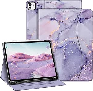 Fintie Folio Case for iPad Pro 13-inch (M4) 2024, Multi-Angle Viewing Protective Stand Cover with Pencil Holder & Pocket, Auto Sleep/Wake, lilac marble