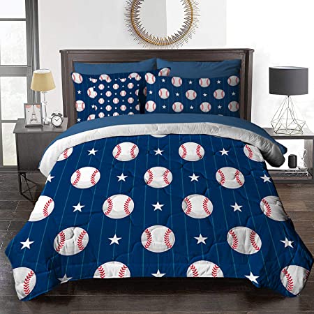 BlessLiving Baseball Bed in A Bag Twin Boys Sports Comforter Set 8 Pieces Navy Blue Bedding Set (1 Comforter, 2 Pillowcases, 2 Pillow Shams, 1 Flat Sheet, 1 Fitted Sheet, 1 Cushion Cover)