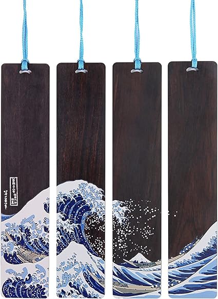 Donxote 4-Piece Bookmark, Japanese Ukiyo-e Bookmarks for Book Lovers, Hand Made Wood Art Book Mark Gift Box Set with Tassel, is A Unique Gift for Men, Women and Kids - The Great Wave Off Kanagawa