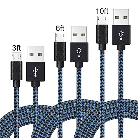 AOFU Micro USB Cable,3Pack 3FT 6FT 10FT Long Premium Nylon Braided High Speed USB to Micro USB Fast Charging Cord Android Charger for Samsung Galaxy S7/S6/S5/Edge,Note 5,HTC,LG(Black Blue)