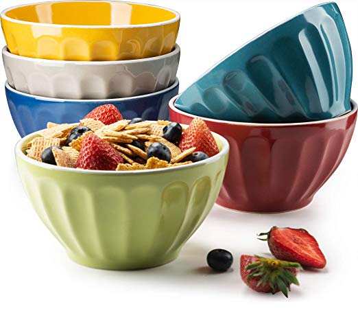 KooK Ceramic Bowls, Assorted Colors, Great for Cereal, Fruit, Dessert, Set of 6