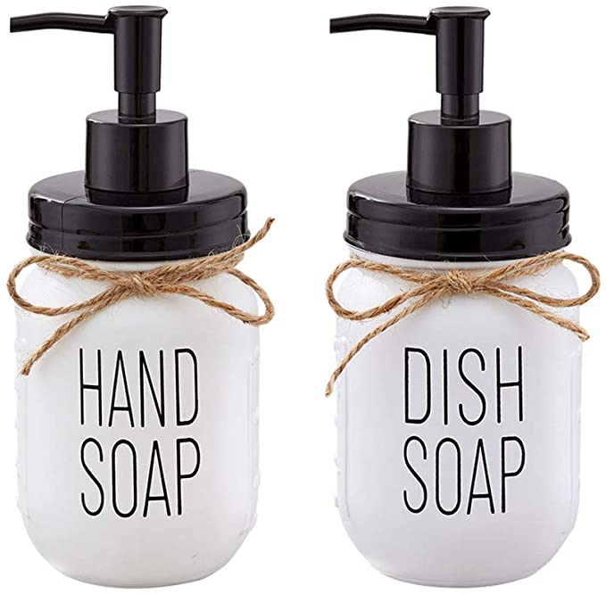 Farmhouse Mason Jar Hand Soap Dispenser and Dish Soap Dispenser Set - 16 Ounce Glass Mason Jar with Plastic Pump and Lid - Rust Proof - Rustic Bathroom Accessories &Kitchen Home Decor - 2 Pack