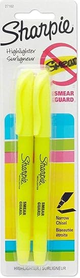 Sharpie 27162PP Pocket-Style Highlighters, Narrow Chisel Tip, Easy-Glide, Smear Guard Ink, Fluorescent Yellow Color, 1-Pack of 2, Total of 2 Highlighters