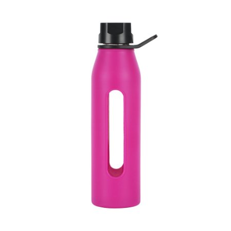 Takeya Classic Glass Water Bottle with Silicone Sleeve, Black/Fuchsia, 22-1/2-Ounce