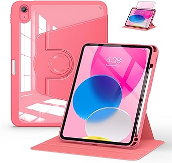 Soke Rotating Case for iPad 10th Generation 10.9-Inch 2022 with Pencil Holder - 360 Degree Rotate Stand Protective Case with Clear Back & Smart Sleep/Wake Cover - Watermelon