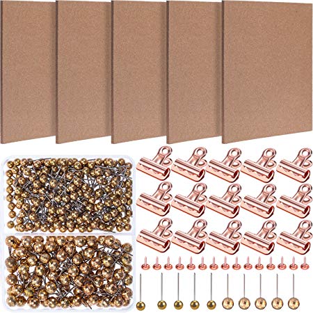 Zhanmai 5 Pack Cork Tile 12 x 12 inch Mini Wall Bulletin Boards Pin Board for Pictures Photos Notes, Included 15 Pieces Rose Gold Metal Push Pin with Clip and 300 Pieces Round Head Thumb Tacks