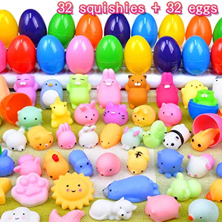 MOMOTOYS 32 Packs Easter Eggs Mochi Squishy Toys Easter Basket Stuffers Fillers Kawaii Animal Squishy Mini Squishies Surprise Easter Eggs Hunt Games Kids Boys Girls Birthday Gifts Party Favors