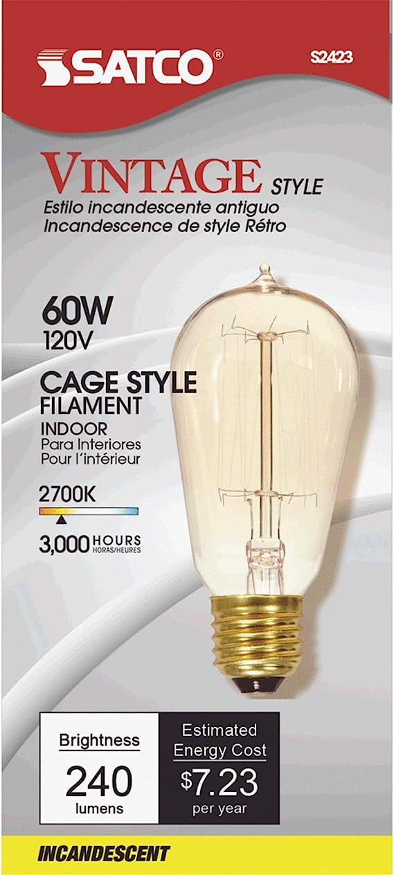 SATCO S2423 60W 120V Vintage Style ST19 Incandescent Bulb, 6-Pack of 60 Watt Edison Style Light Bulbs for use in Your Home, Office, Vanity, or Any Other Vintage Light Inspired Space in Your Household