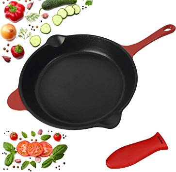 10.25" Enameled Cast Iron Skillet Fry Pan including a Silicone Hot Handle Holder