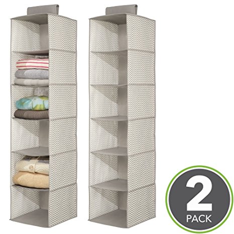 mDesign Fabric Hanging Closet Storage Organizer for Clothing, Sweaters, Shoes, Accessories - Pack of 2, 6 Shelves Each, Taupe/Natural