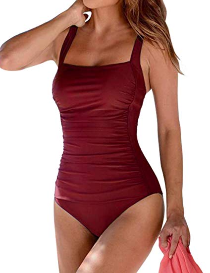 Hilor Women's One Piece Swimsuits Shirred Tank Swimwear Vintage Tummy Control Bathing Suits