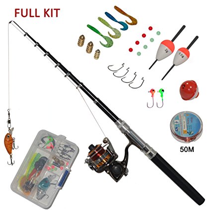 Carbon Fiber Pen Fishing Rods and Spinning Reel Combos Mini Pocket Size Pole 39 Inches and 55 inches with Hooks Lures Floats Line in Tackle Box Full Kit
