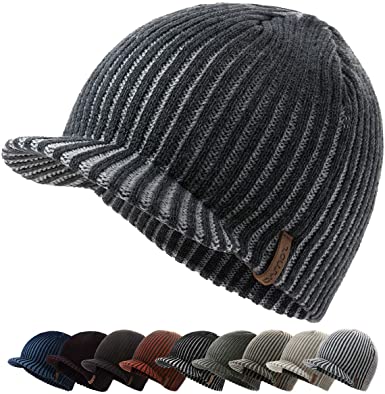 ZOWYA Winter Visor Beanie Hat for Men & Women Brim Knit Skully Hats Billed Skull Cap Thick Vintage Contrast Color