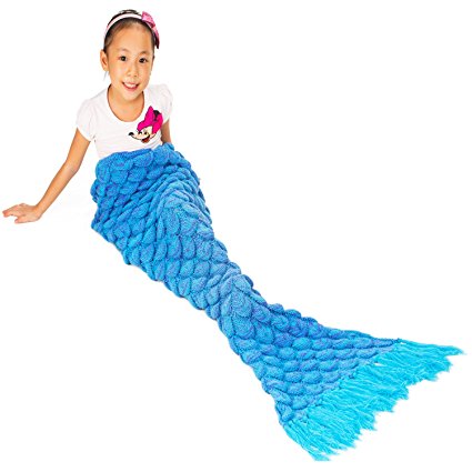 Great Home Mermaid Tail Blanket Handmade Fish Scales Mermaid Blanket Blue - #1 Voted Christmas Gifts for Kids Teens