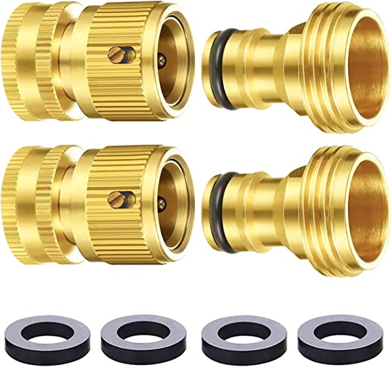 Garden Hose Quick Connector Solid Brass Quick Connector Garden Hose Fitting 3/4 inch GHT Water Hose Fitings Faucet Adapter(2 Sets)(2Female 2Male)