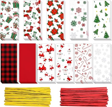 Outus 165 Pieces Christmas Treat Bags Funny Cellophane Bags Cute Holiday Cello Bags with 200 Pieces Twist Ties Christmas Elements Figures for Christmas Wedding Party Supplies, 11 Styles