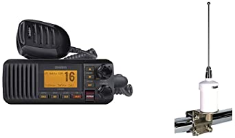 Uniden UM385BK 25 Watt Fixed Mount Marine VHF Radio, Waterproof IPX4 W/Triple Watch, Dsc, Emergency/NOAA Weather Alert, Black & Tram VHF Marine Antenna